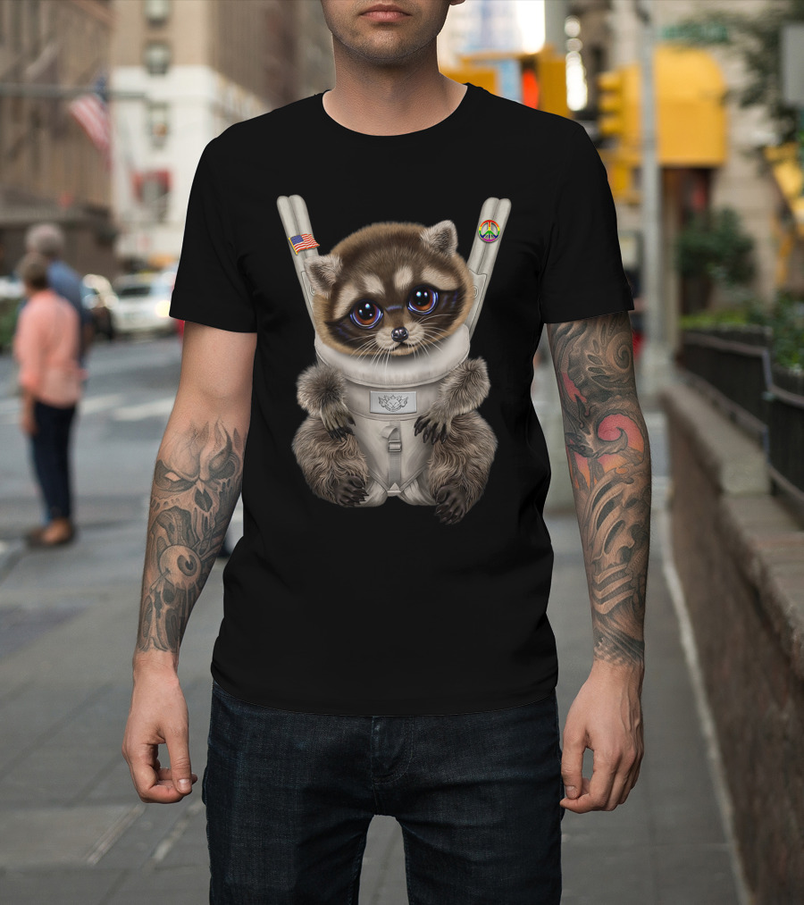 Raccoon In Baby Carrier with American Flag and Peace Sign T-Shirt