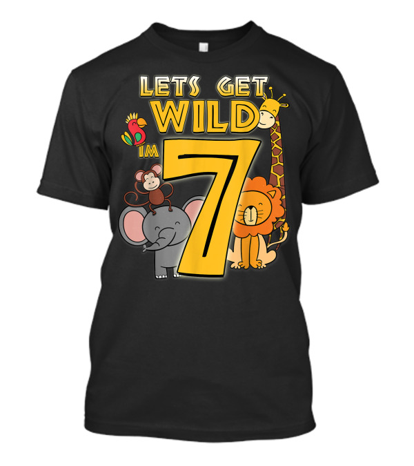 LET'S GET WILD I'M 7 Zoo Animals Safari Birthday Lion Elephant Giraffe Monkey Parrot T-Shirt