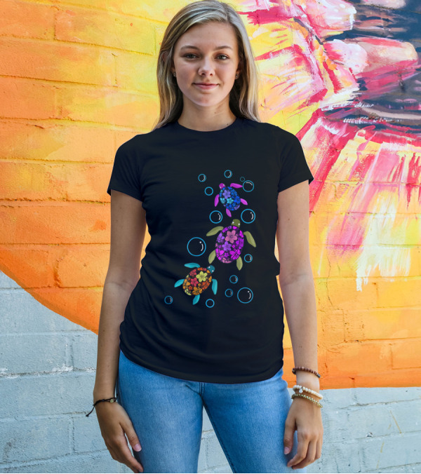 Hawaiian Sea Turtle Tropical Colors Floral Pattern Bubbles T-Shirt