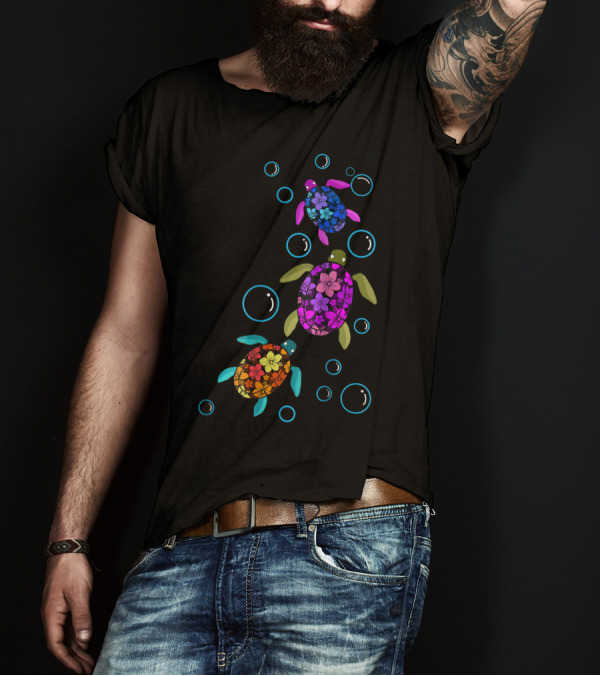 Hawaiian Sea Turtle Tropical Colors Floral Pattern Bubbles T-Shirt