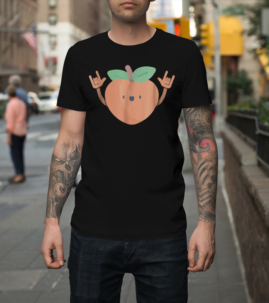 Dancing Peach Fruit Dancer with Rock and Roll Hand Signs T-Shirt