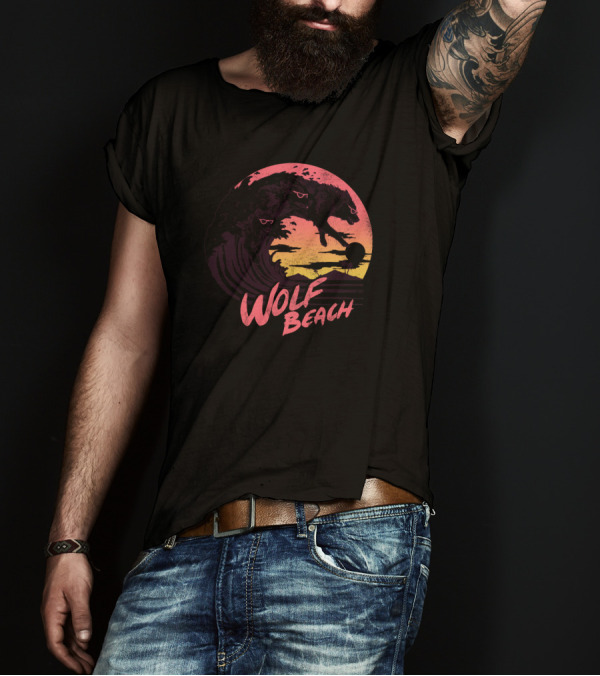 Wolf Beach Surf Wolves Sunset Scene T-Shirt
