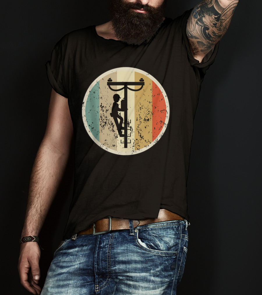 High Voltage Electrician Climbing Power Pole Retro Vintage Electrical T-Shirt