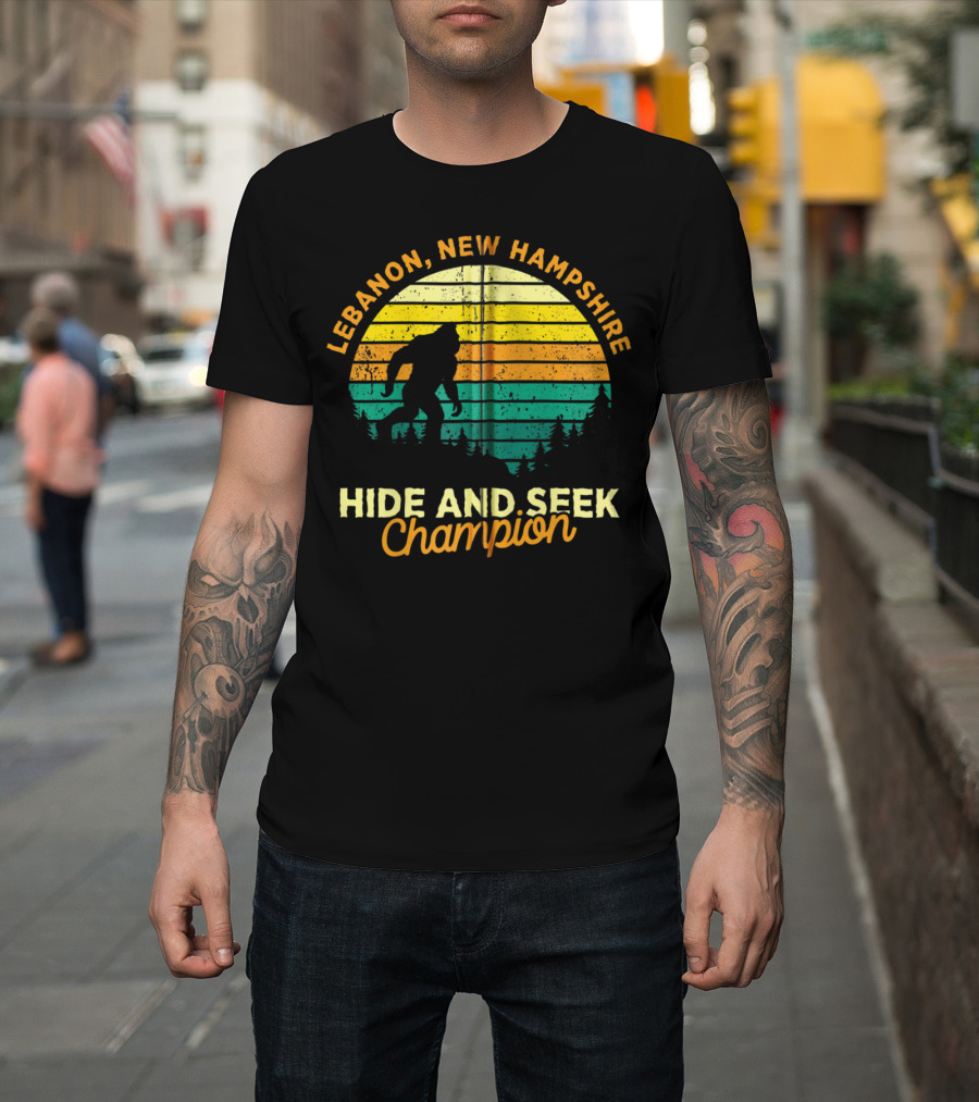 Lebanon New Hampshire Bigfoot Hide And Seek Champion Retro Sunset T-Shirt