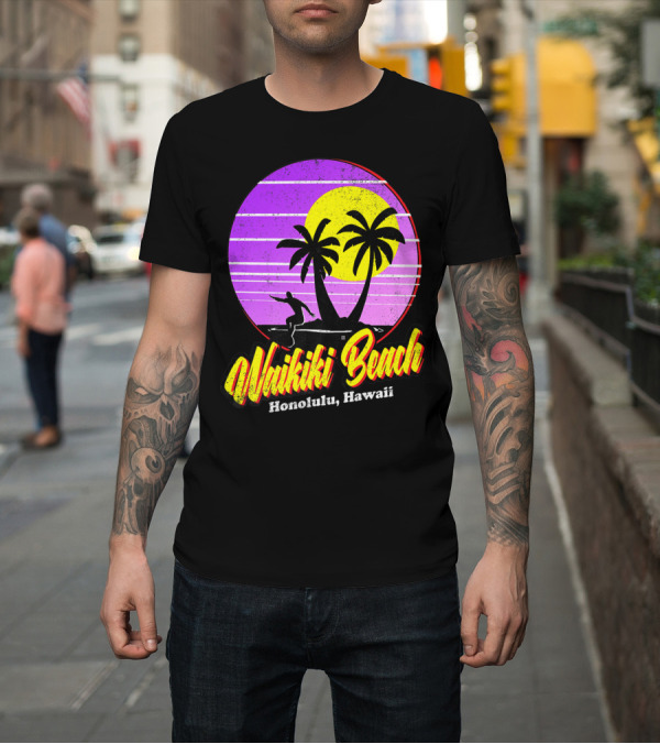 Shirt: Waikiki Beach Honolulu Hawaii Retro Surfer 80s Vintage Palm Sunset T-Shirt Waikiki Beach Honolulu Hawaii Retro Surfer 80s Vintage Palm Sunset T-Shirt