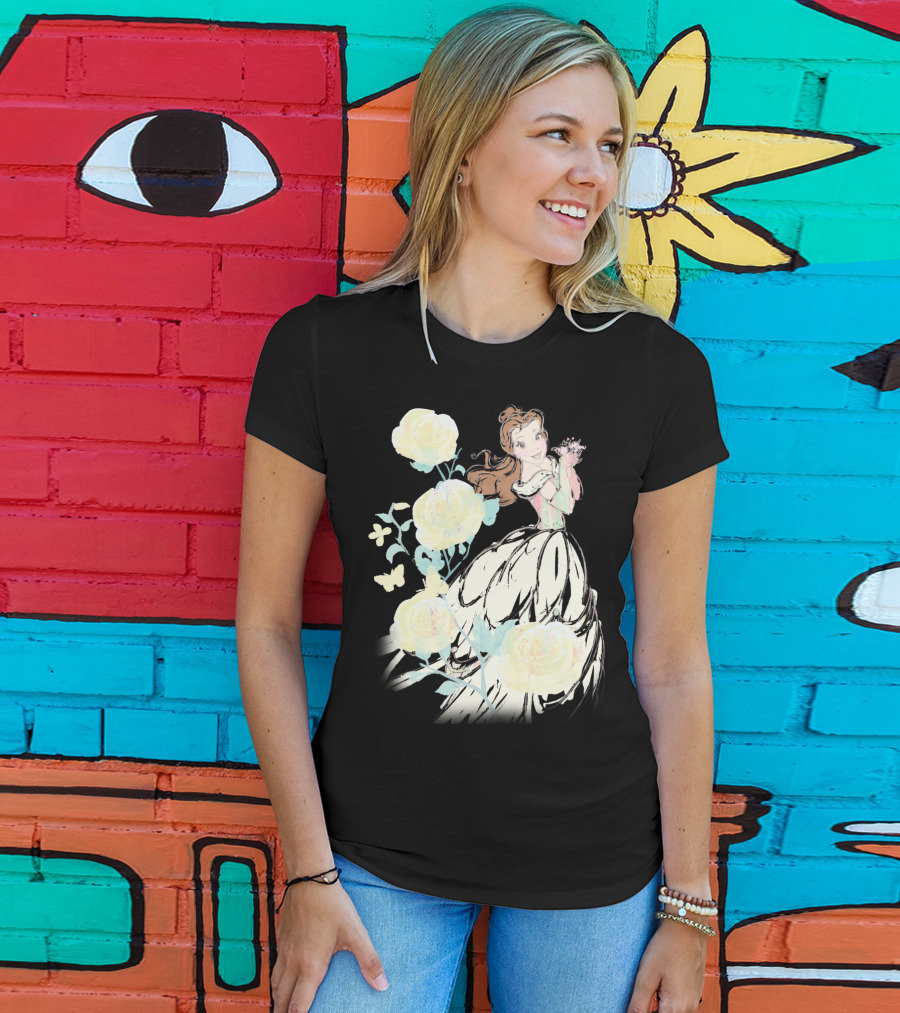 Disney Beauty The Beast Belle Yellow Watercolor Rose Butterfly T-Shirt