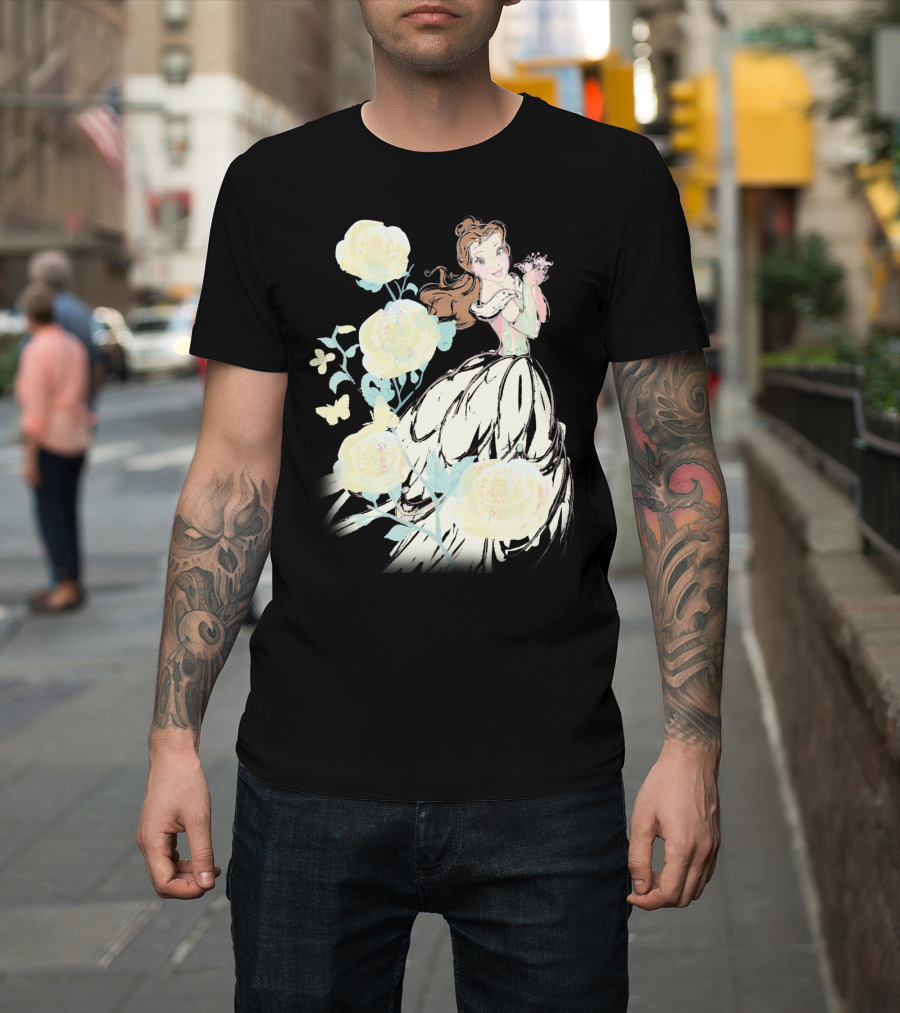 Disney Beauty The Beast Belle Yellow Watercolor Rose Butterfly T-Shirt