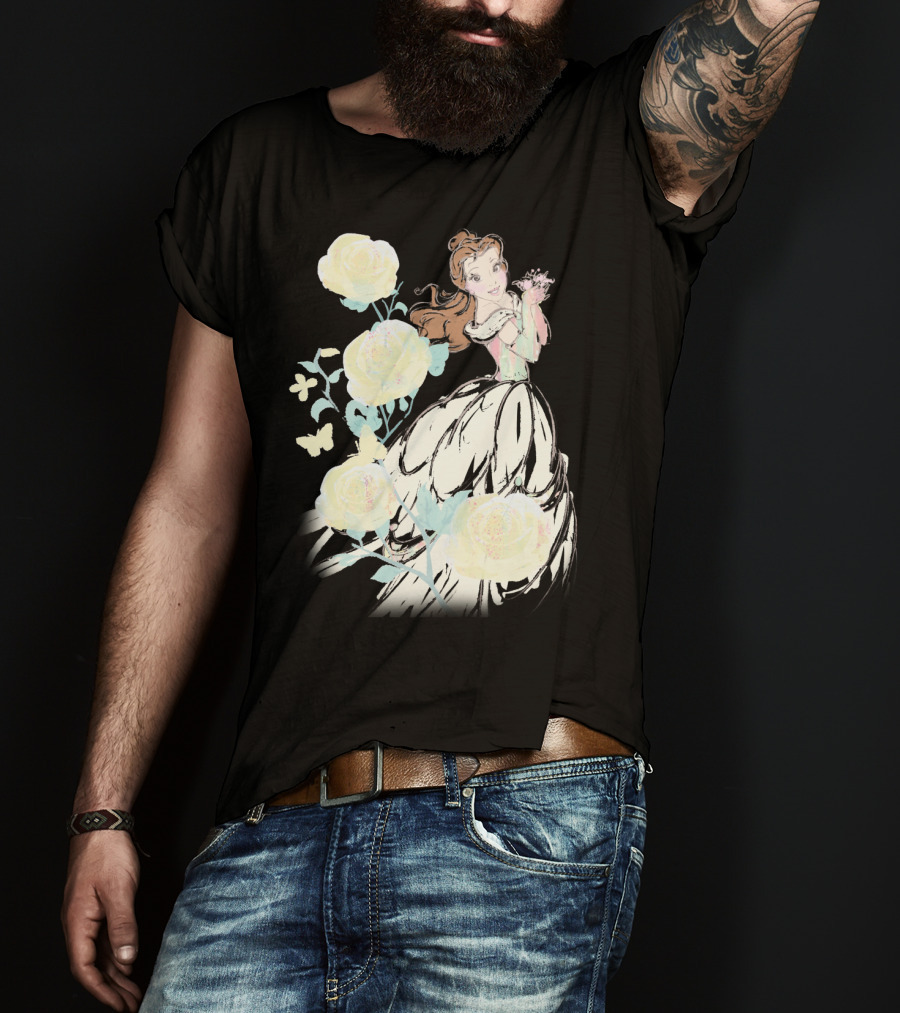 Disney Beauty The Beast Belle Yellow Watercolor Rose Butterfly T-Shirt