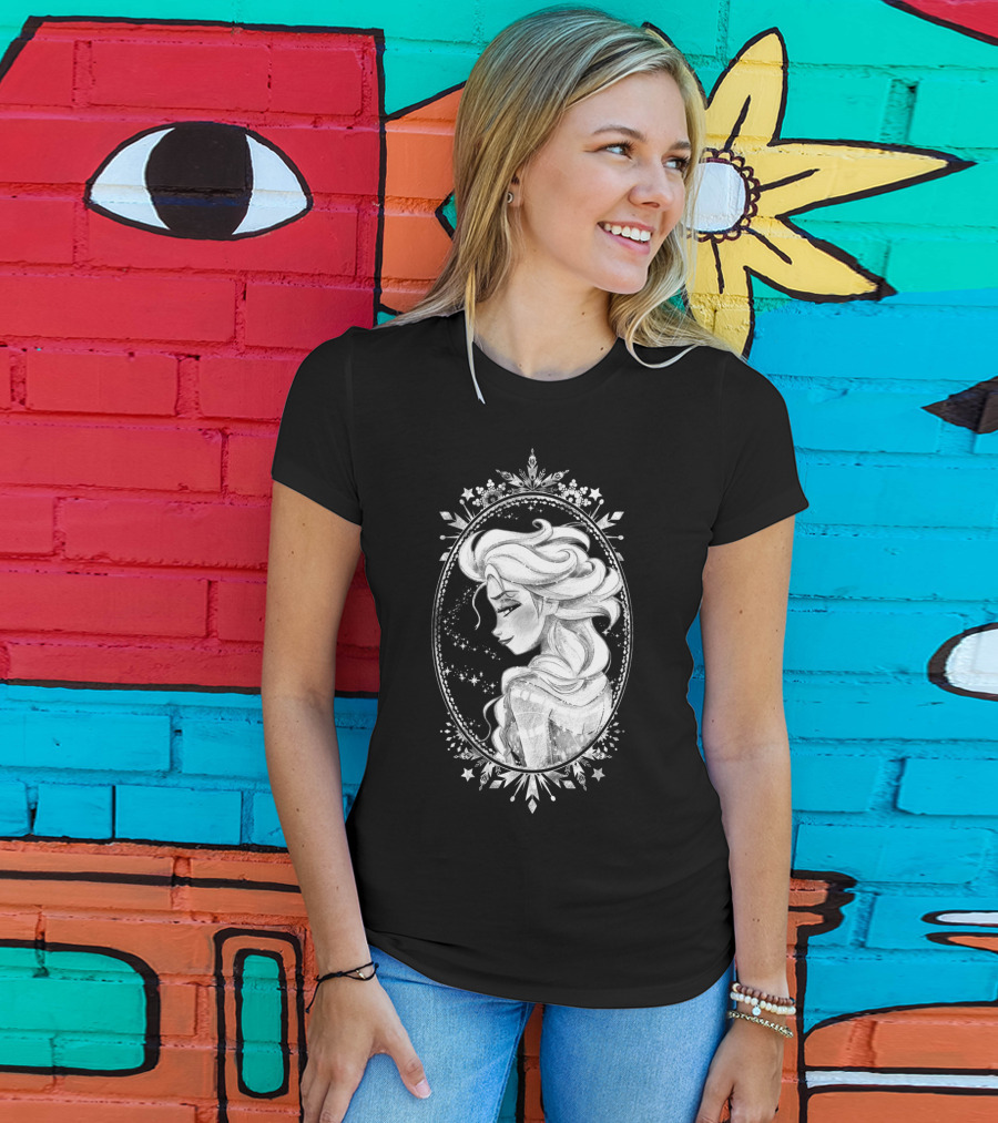 Disney Frozen Elsa Sketch Portrait Snowflakes Oval Frame T-Shirt