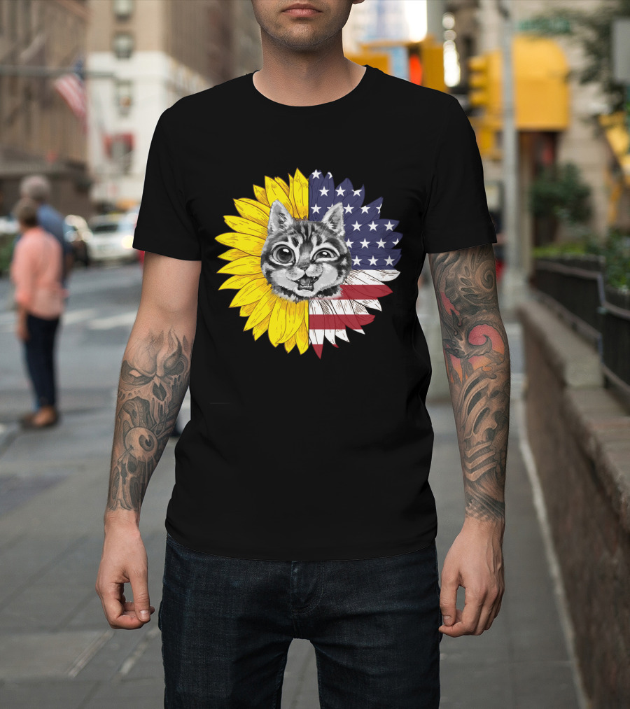 CAT LOVERS Sunflower American Flag Winking Cat T-Shirt