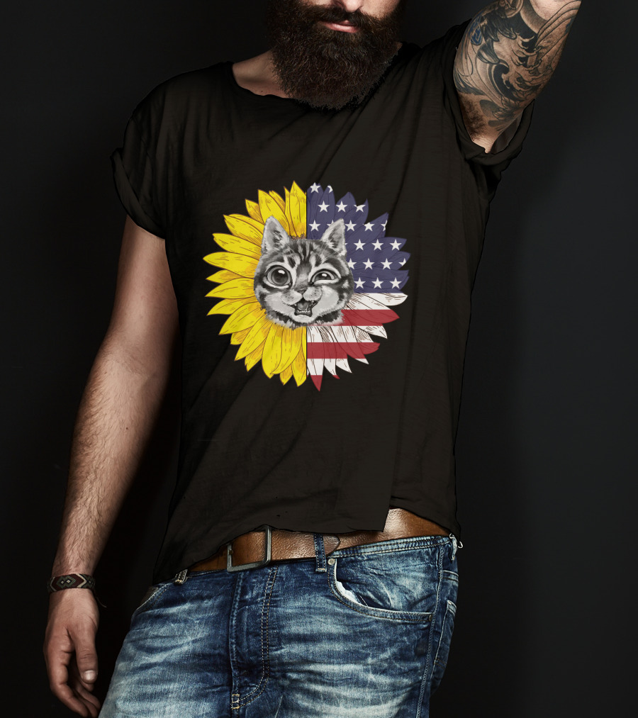 CAT LOVERS Sunflower American Flag Winking Cat T-Shirt