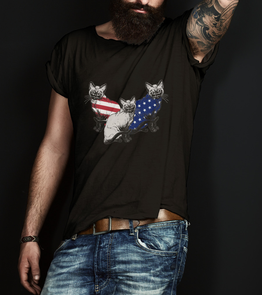 Siamese Cats American Flag July Independence Day T-Shirt