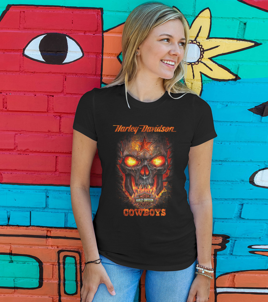 Harley Davidson Cowboys Skull With Star Emblem Flames T-Shirt