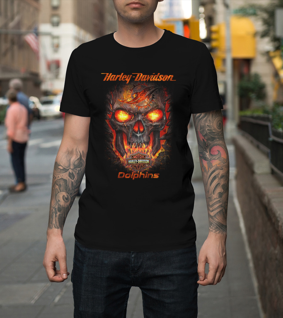 Harley Davidson Miami Dolphins Fiery Skull Logo Motorcycles T-Shirt