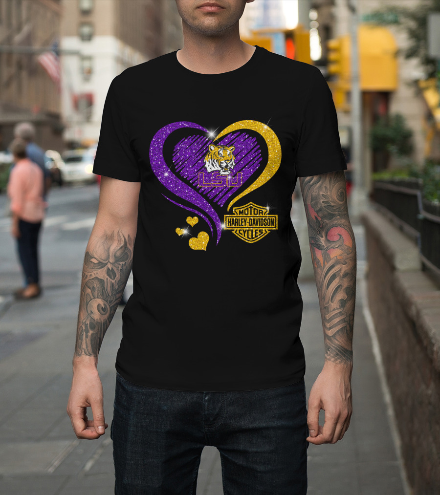 Hd Ncaa Lsu Tigers Heart Harley Davidson Motorcycle Cycles T-Shirt