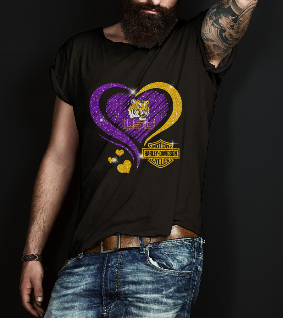 Hd Ncaa Lsu Tigers Heart Harley Davidson Motorcycle Cycles T-Shirt