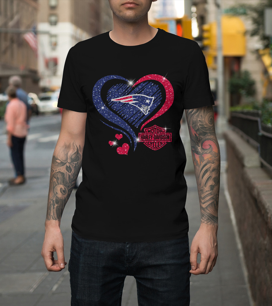 Hd New England Patriots Harley Davidson Heart Sparkle T-Shirt