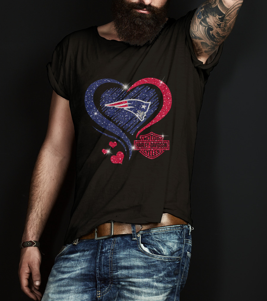 Hd New England Patriots Harley Davidson Heart Sparkle T-Shirt