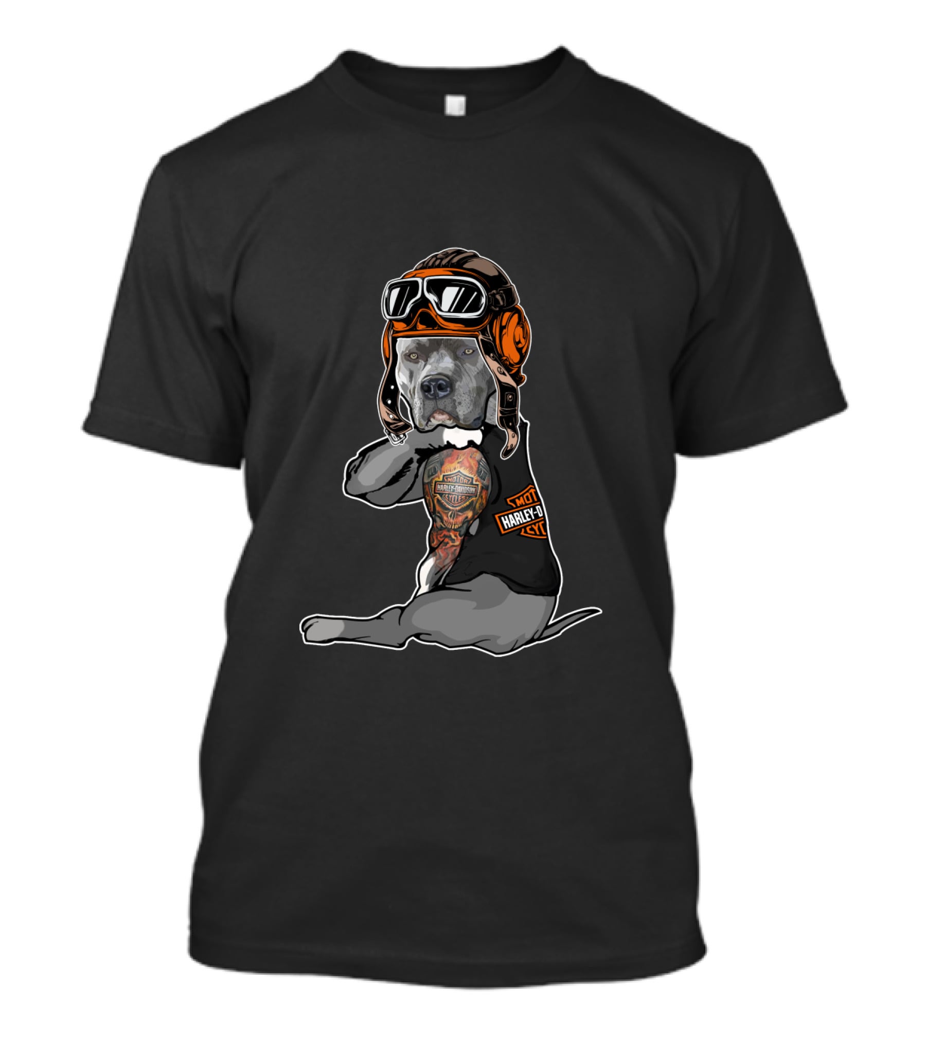 Harley Davidson Pitbull Wearing Aviator Helmet With Tattoo T-Shirt