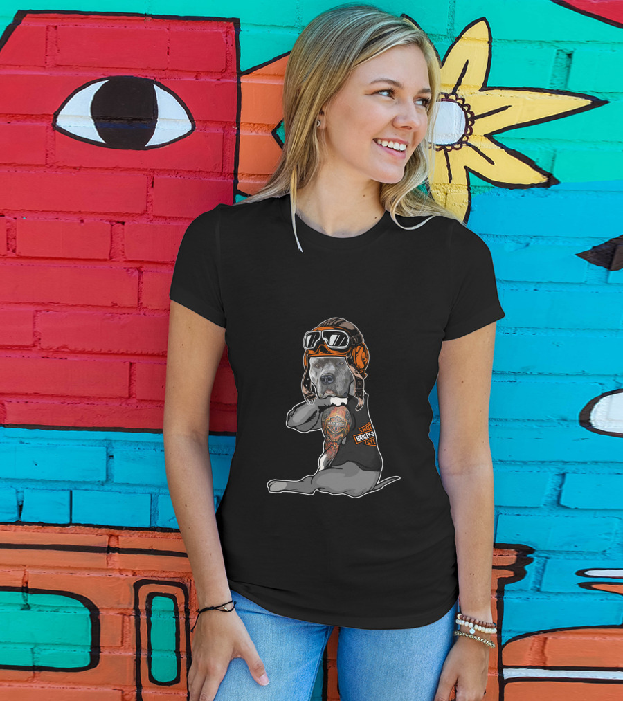 Harley Davidson Pitbull Wearing Aviator Helmet With Tattoo T-Shirt
