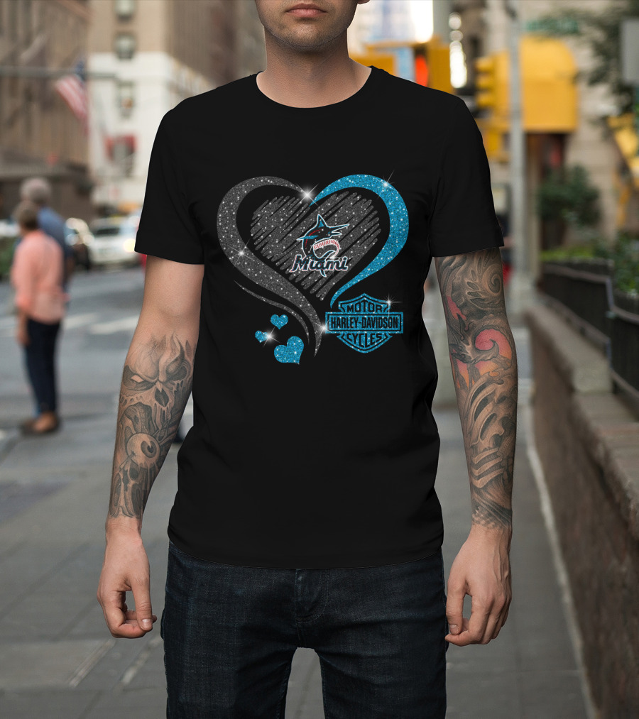 Miami Marlins Heart Sparkle Harley Davidson T-Shirt