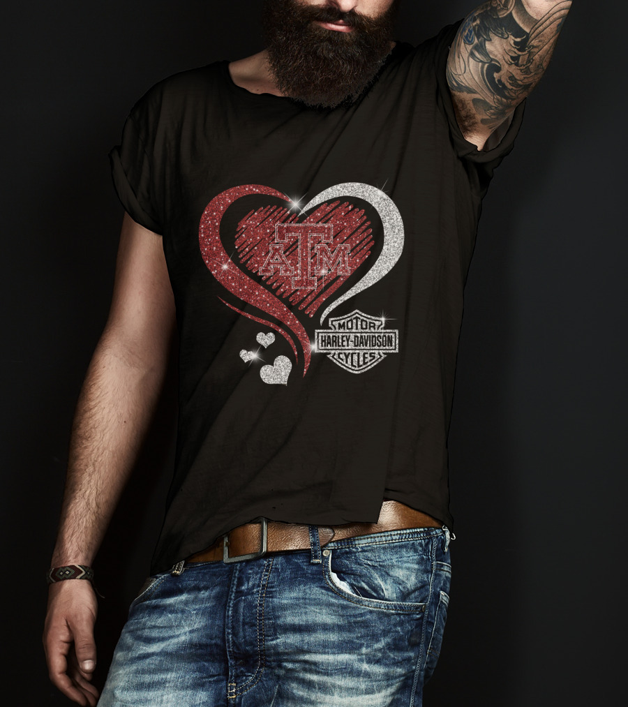 Atm Texas A&M Aggies Harley Davidson Motor Cycles Sparkling Heart T-Shirt