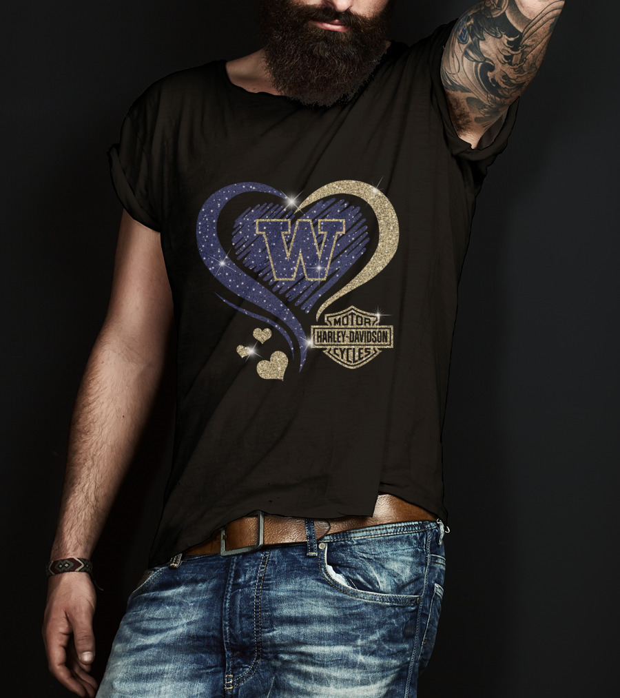 W Washington Huskies Harley Davidson Motorcycles Sparkling Heart T-Shirt