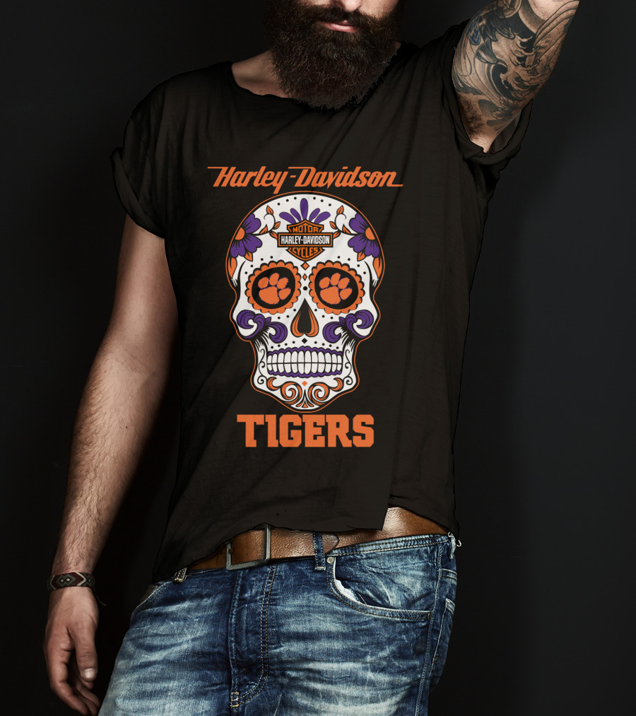 Harley Davidson Motor Cycles Clemson Tigers Skull T-Shirt