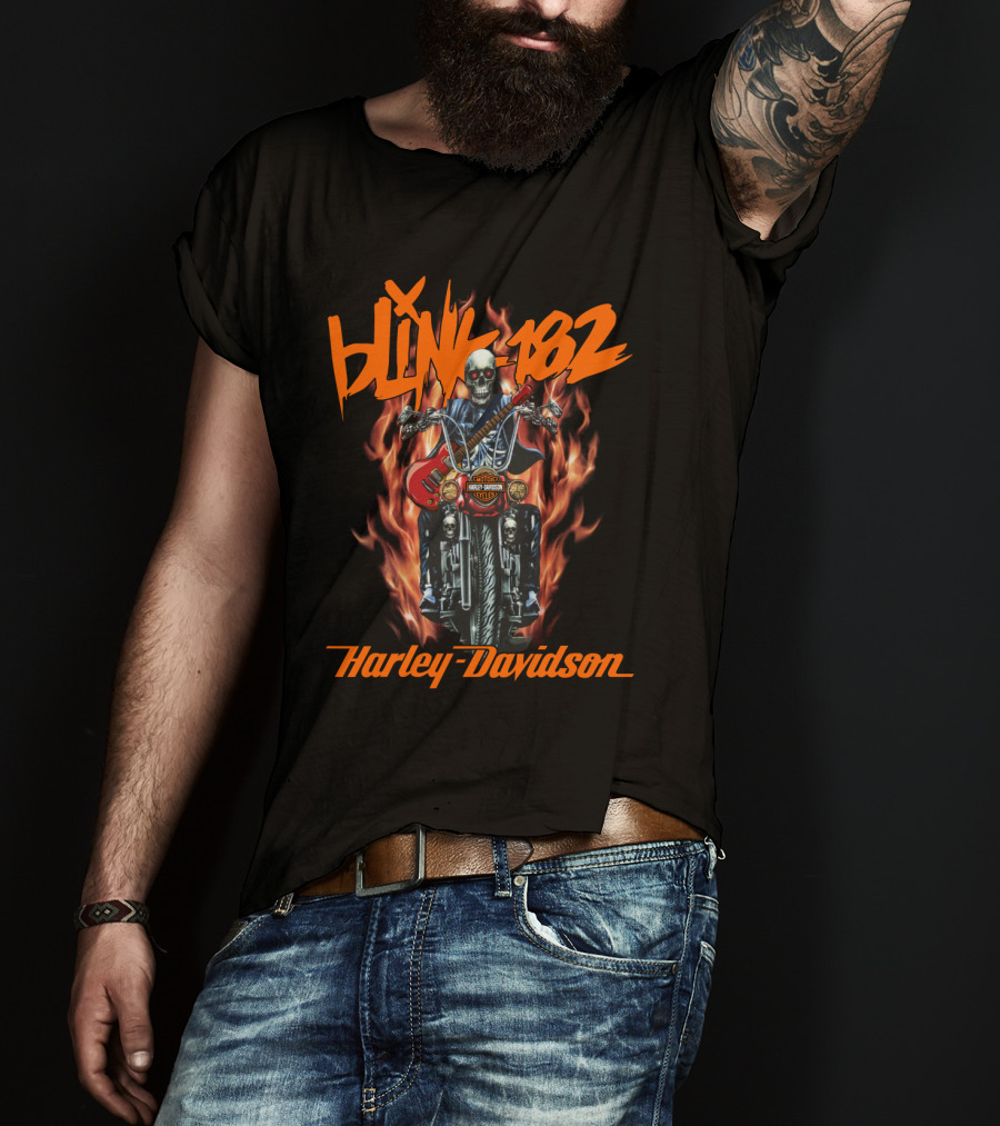 Blink 182 Harley Davidson Skeleton Guitar Flames T-Shirt