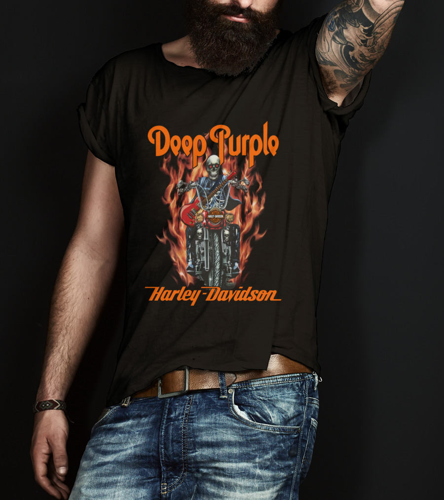 Deep Purple Harley Davidson Skeleton On Motorcycle With Flames T-Shirt