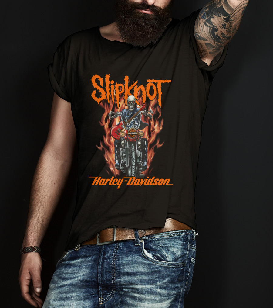 Slipknot Harley Davidson Flaming Skeleton Motorcycle Rider T-Shirt