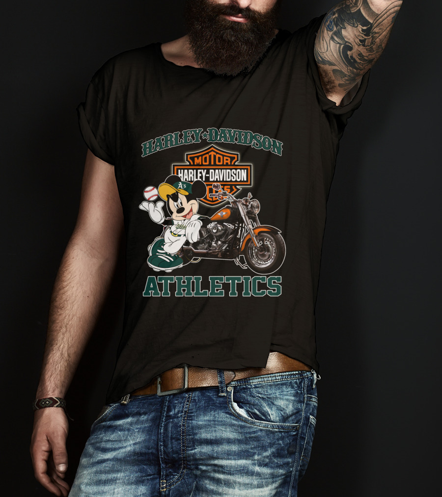Harley Davidson Oakland Athletics With Mickey Mouse Baseball Motorcycle T-Shirt