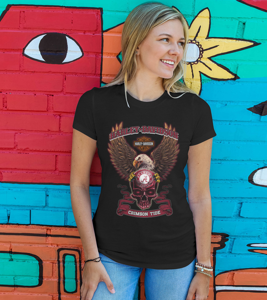 Harley Davidson Alabama Crimson Tide Motorcycle Cycles Eagle Skull T-Shirt
