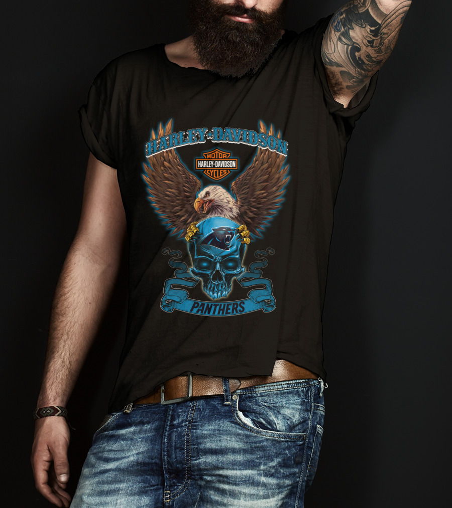 Harley Davidson Motor Cycles Eagle Carolina Panthers Skull T-Shirt