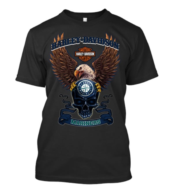 Harley Davidson Seattle Mariners Mlb Logo With Eagle And Skull T-Shirt