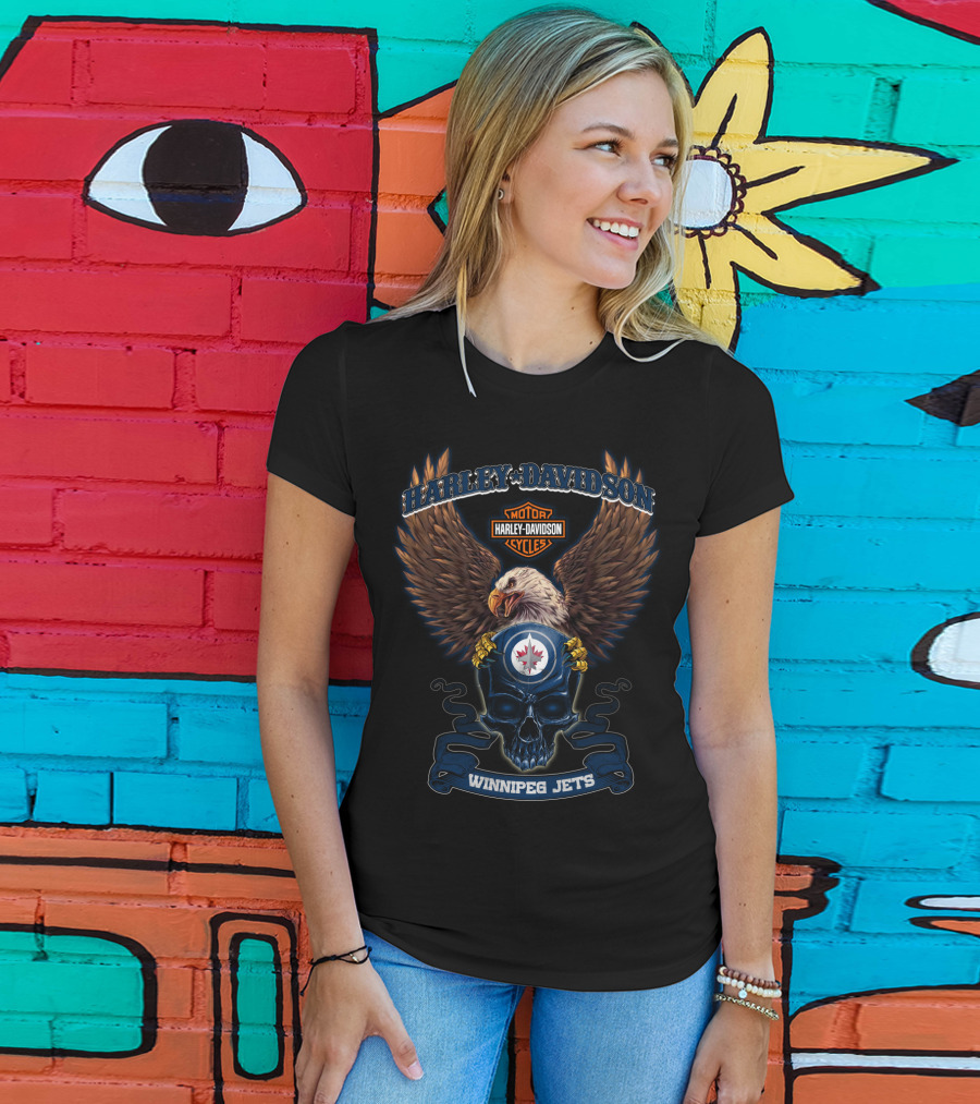 Harley Davidson Motor Cycles Winnipeg Jets Eagle Skull T-Shirt
