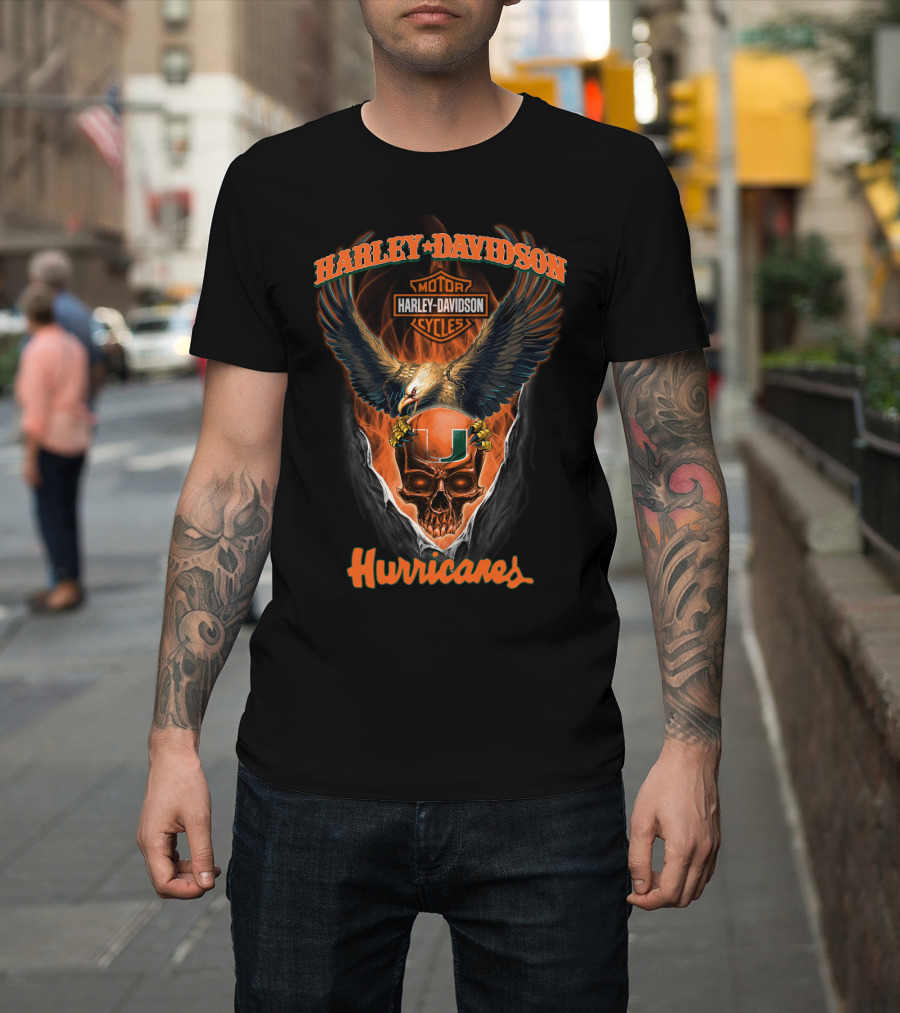 Harley Davidson Miami Hurricanes Motorcycles Skull And Eagle T-Shirt
