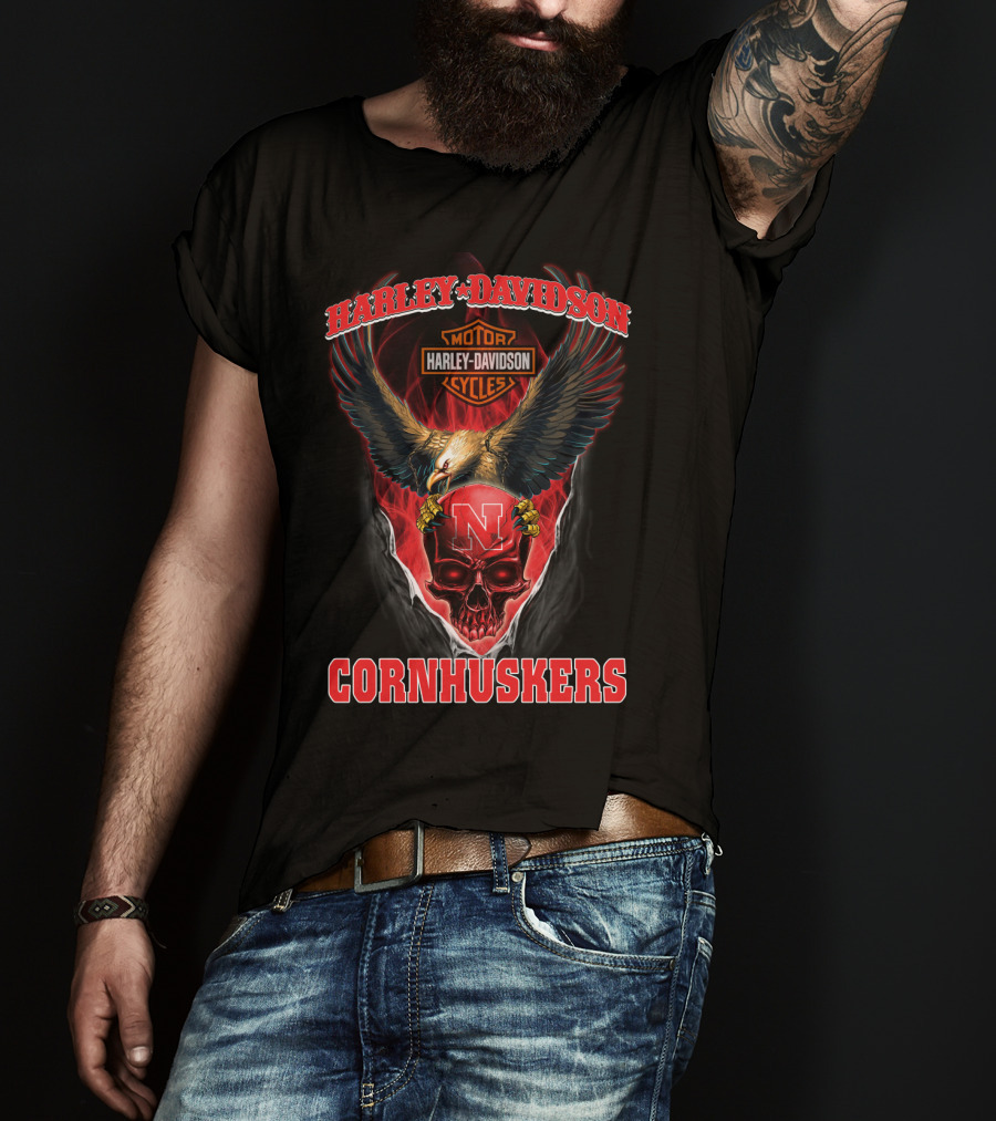 Harley Davidson Cornhuskers Eagle Skull N Motorcycle Cycles T-Shirt