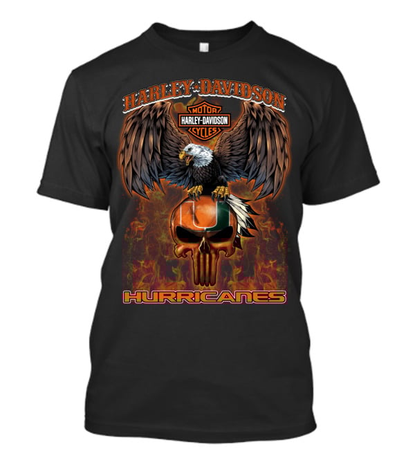 Harley Davidson Motor Cycles Miami Hurricanes Eagle Skull Flame T-Shirt