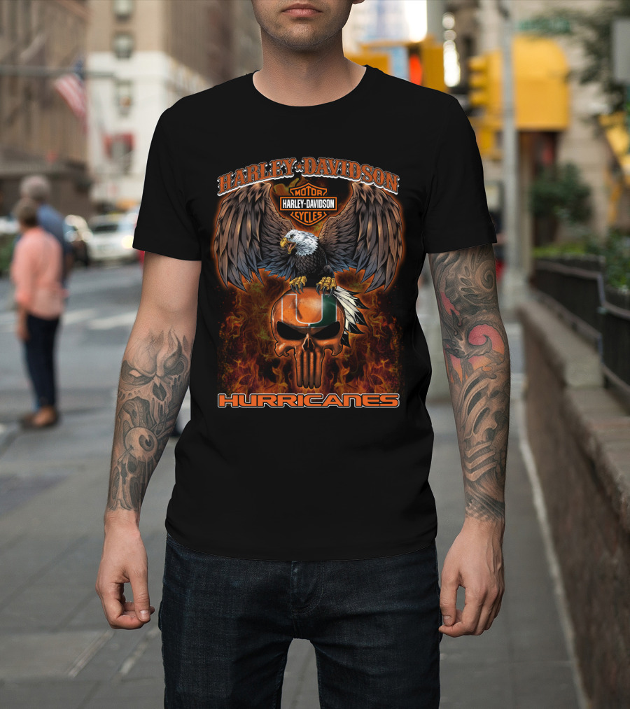 Harley Davidson Motor Cycles Miami Hurricanes Eagle Skull Flame T-Shirt