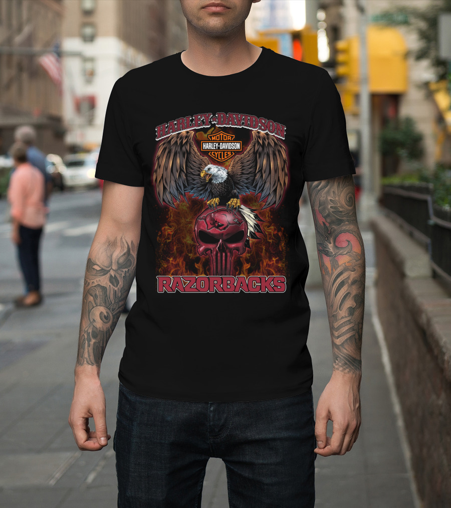 Harley Davidson Motor Cycles Eagle Skull Razorbacks T-Shirt