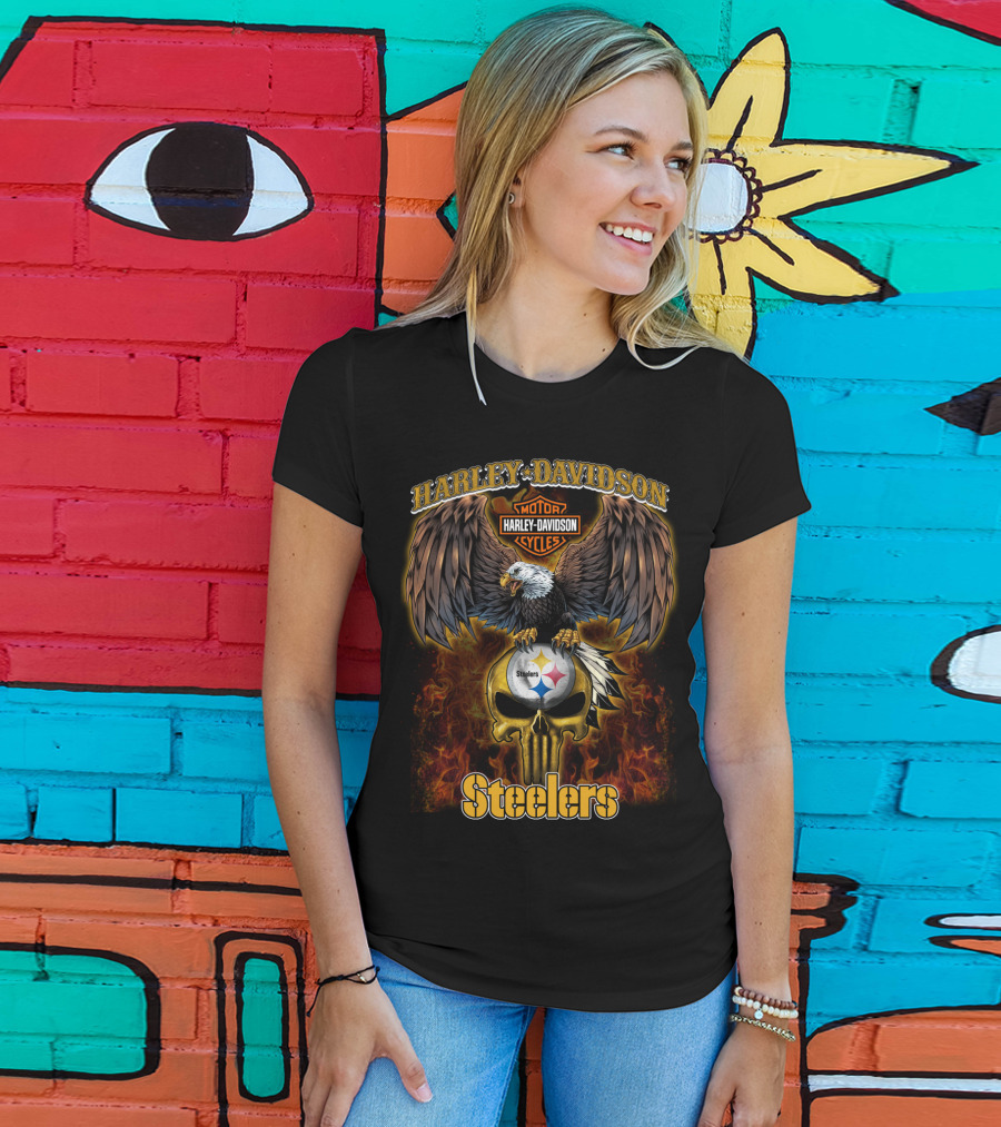 Harley Davidson Eagles Steelers Skull Fire T-Shirt
