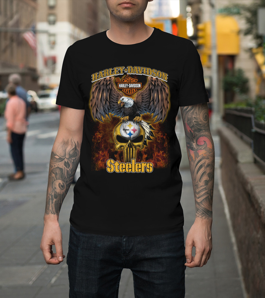 Harley Davidson Eagles Steelers Skull Fire T-Shirt