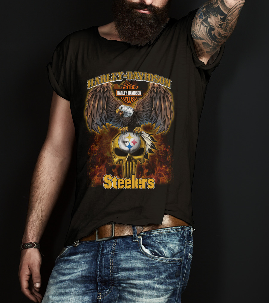 Harley Davidson Eagles Steelers Skull Fire T-Shirt