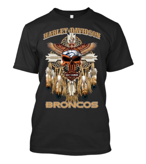 Harley Davidson Denver Broncos Feather And Skull T-Shirt