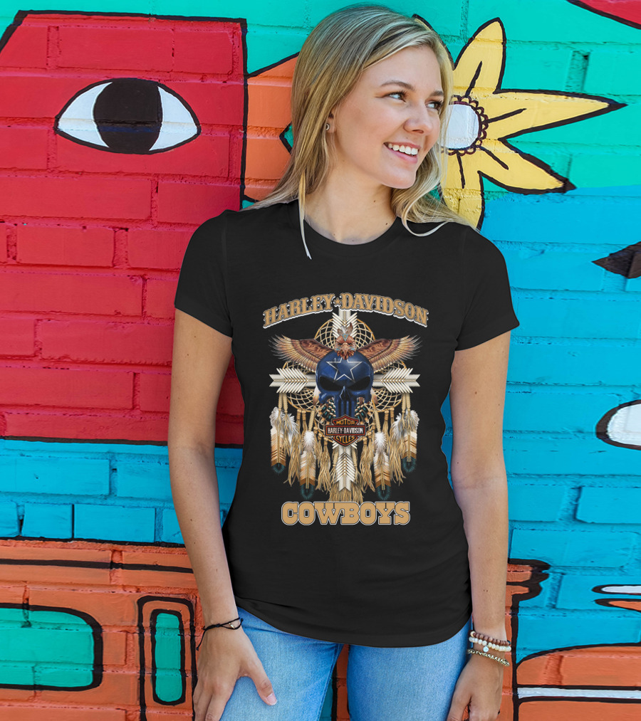Harley Davidson Motor Cycles Cowboys Dreamcatcher Feathers Eagle Skull Star T-Shirt
