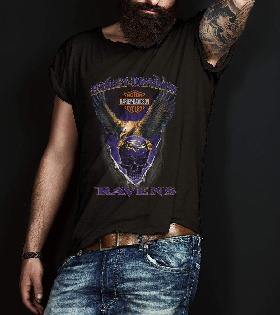 Harley Davidson Ravens Eagle Skull Baltimore Ravens T-Shirt