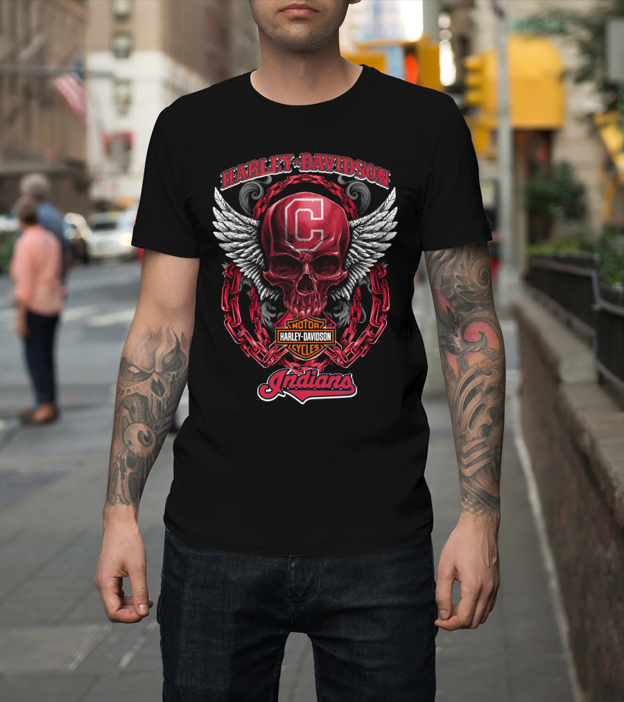 Harley Davidson Cleveland Indians Motorcycles Skull And Wings T-Shirt