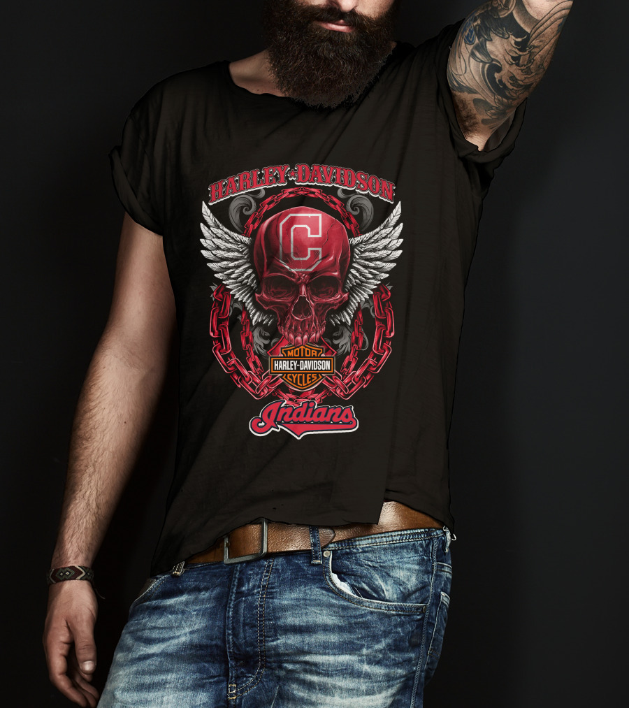 Harley Davidson Cleveland Indians Motorcycles Skull And Wings T-Shirt