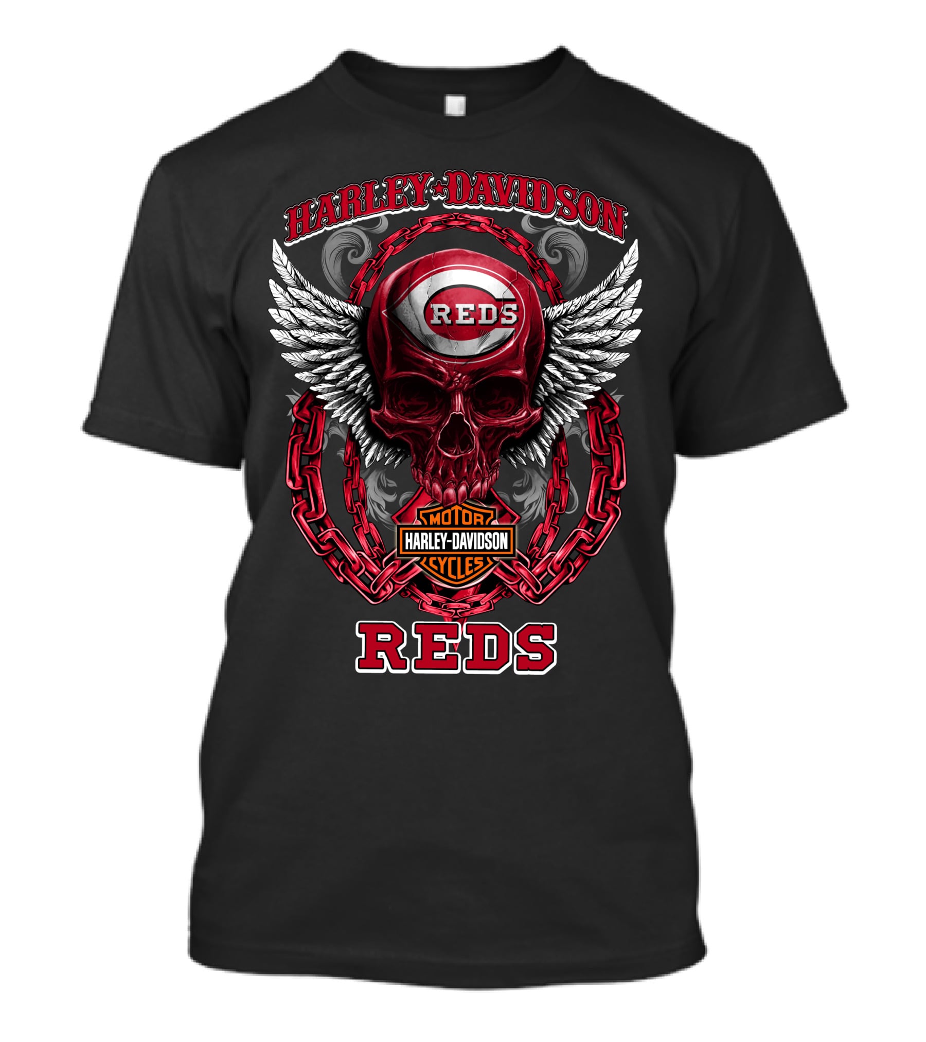 Harley Davidson Cincinnati Reds Skull Wings Chain T-Shirt